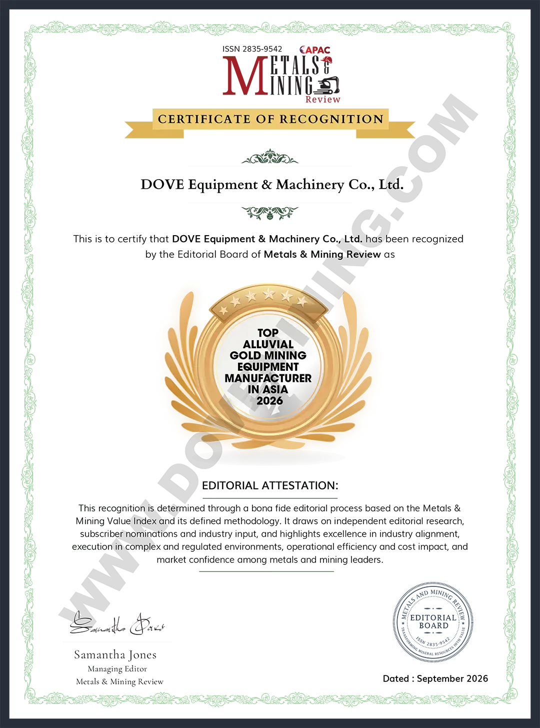 Top Alluvial Gold Mining Manufacturer in Asia 2026 Certificate DOVE Equipment & Machinery Co., Ltd. - Top Alluvial Gold Mining Manufacturer in Asia 2026 Certificate Metals & Mining